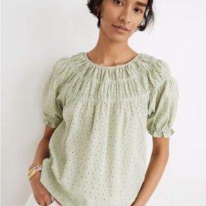 Madewell Daisy Embroidered Shirred Puff-Sleeve Top
